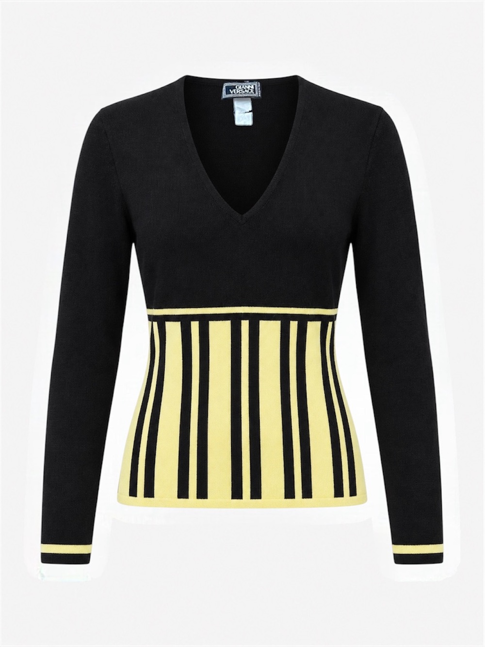 Vintage GIANNI VERSACE S/S 2001 Wool V Neck Striped Sweater in Black Yellow